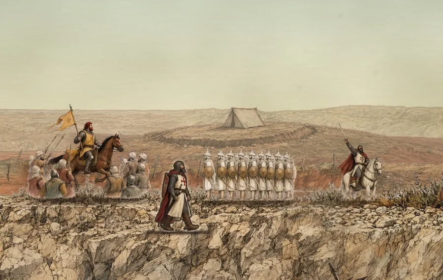 El Cid y su mesnada a caballo, con sus estandartes, ante un campamento, dibujado a tinta y aguada
