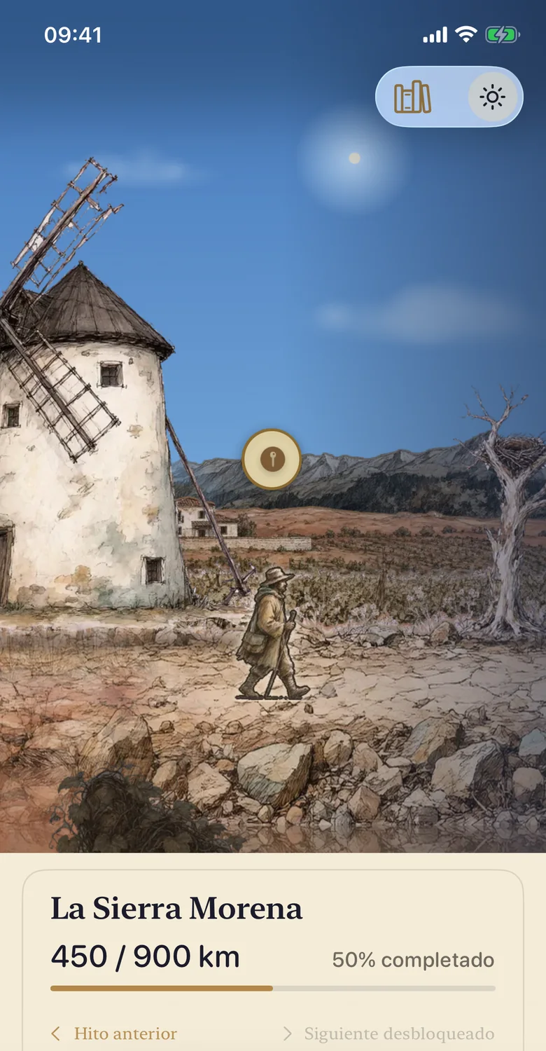 La pantalla de viaje de Mythonauta: don Quijote camina junto a un molino de La Mancha, con el progreso de la ruta debajo