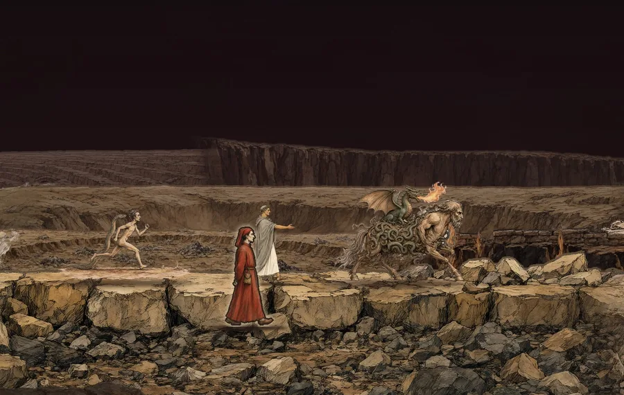Dante y Virgilio entre los demonios de las fosas del infierno, dibujado a tinta y aguada