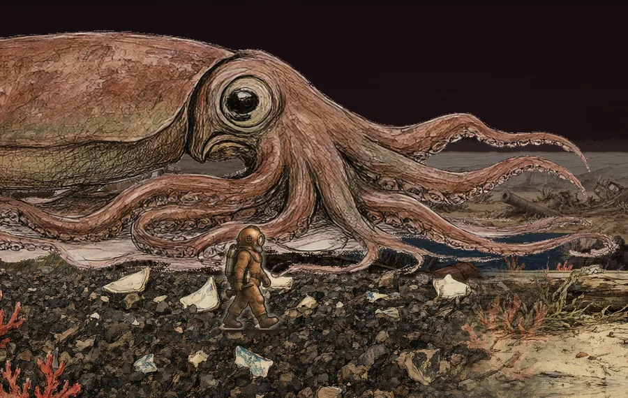 Un calamar gigante ante un buzo en el fondo del mar, dibujado a tinta y aguada