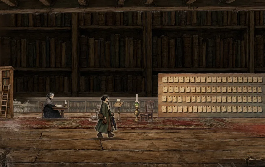 La sala de lectura de la biblioteca, con una mujer escribiendo en su mesa y la caminante, dibujada a tinta y aguada