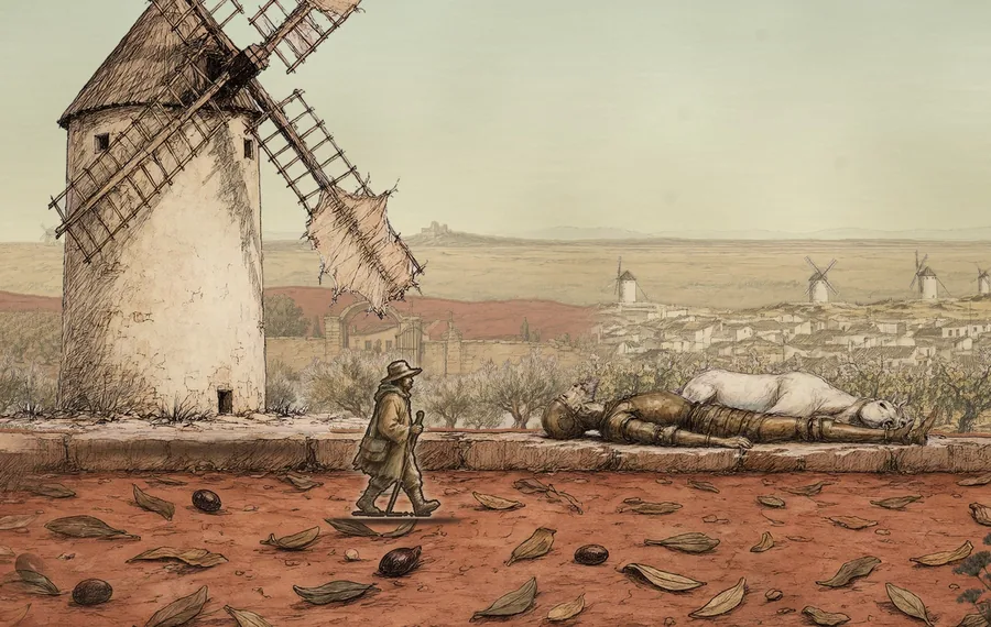 Don Quijote caído en el suelo junto a Rocinante, al pie de un molino de viento, dibujado a tinta y aguada