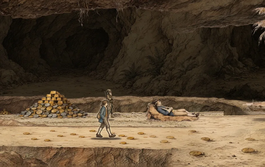 Jim en la cueva donde está apilado el oro del tesoro, dibujado a tinta y aguada