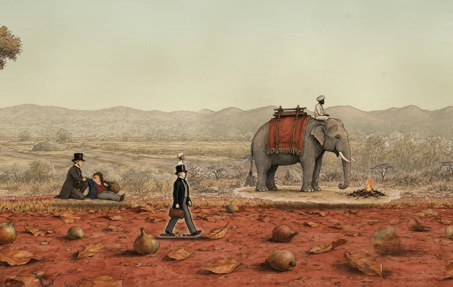Phileas Fogg y Aouda descansan junto al elefante Kiouni, dibujados a tinta y aguada